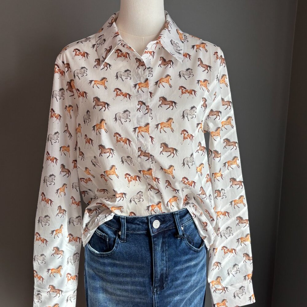 Cotton Poplin Horse Print Button Up Shirt NWT